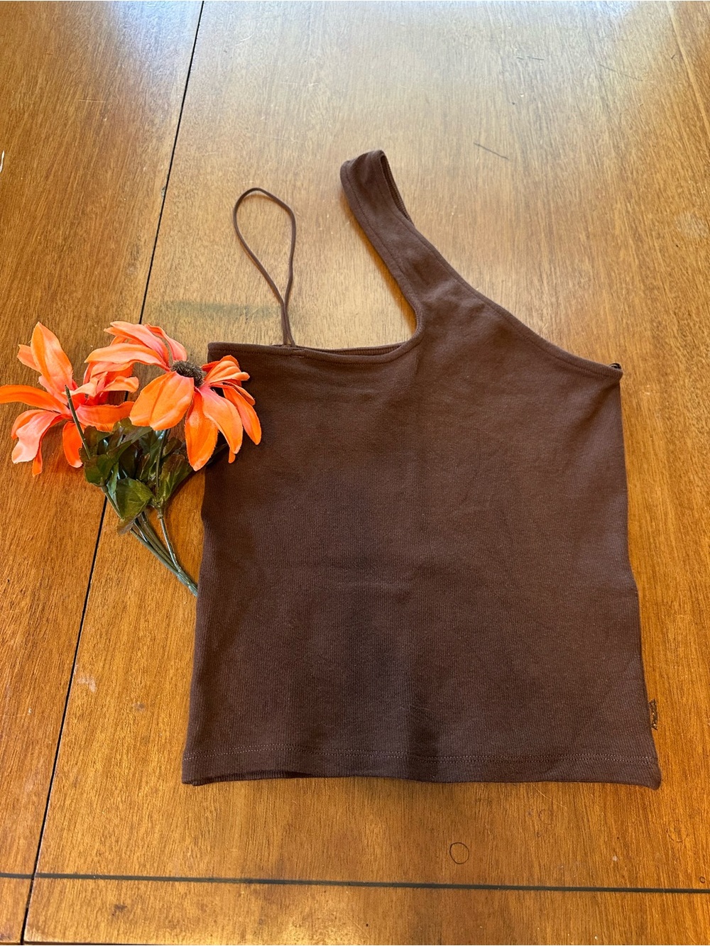 Zara Chocolate Brown One-Shoulder Ribbed Tank